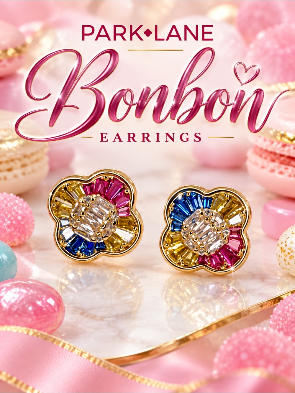Park Lane “Bonbon” Multicolor Baguette Earrings | Gold Tone Statement Studs New